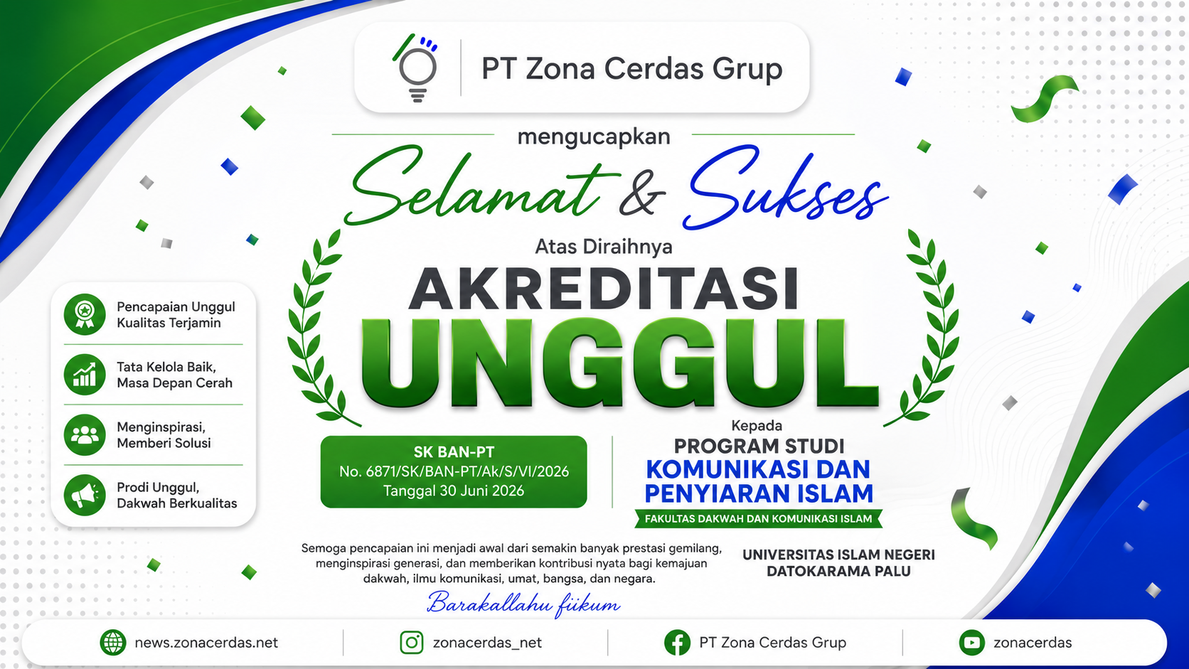 Prodi Komunikasi dan Penyiaran Islam UIN Datokarama Palu Raih Akreditasi Unggul dari BAN-PT